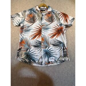 Free Planet Mens Large Tropical Palm Leaf Button Down Shirt White Orange Blue L